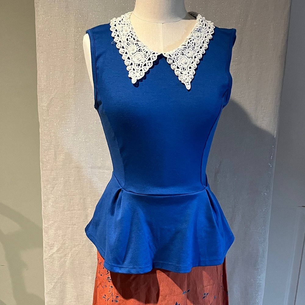 grass collection Royal Blue Sleeveless Peplum Top with White Crochet Collar